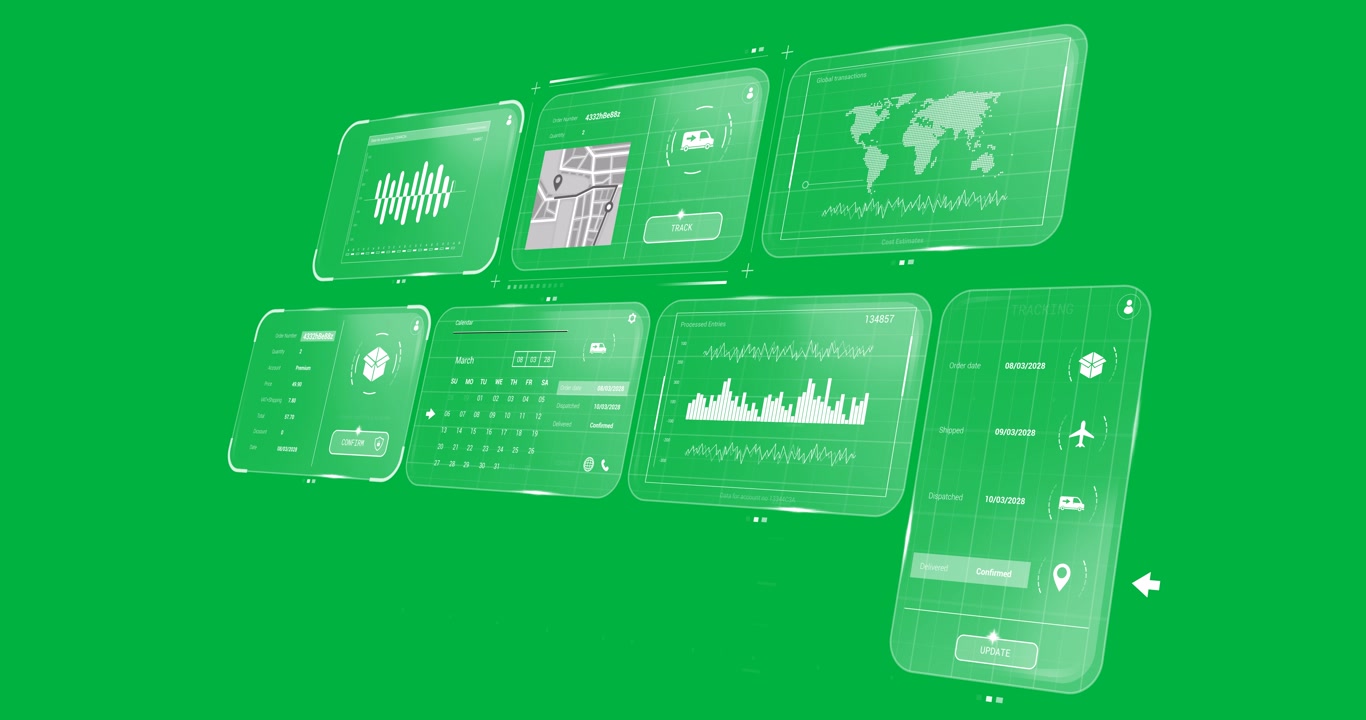 Animation of customer account, order and delivery data status screens on transparent background