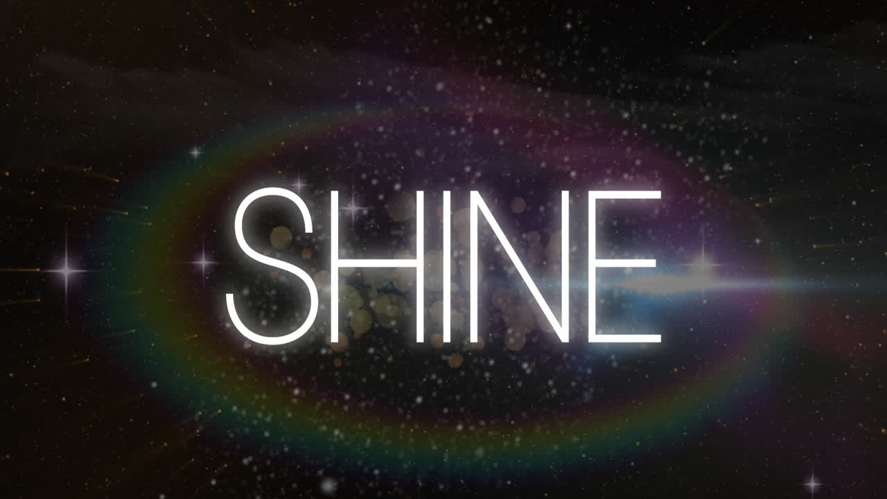 Animation of shine text banner over rainbow lens flare and shining stars in space