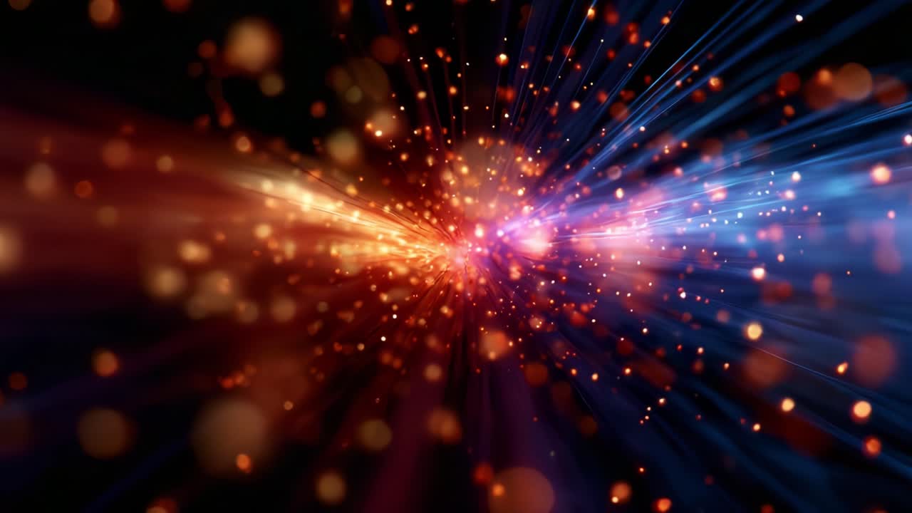 Dynamic Burst of Colorful Light Particles with Radiant Energy Flowing Amidst a Dark Background, Creating Vivid Visual Effects for Abstract and Artistic Representations