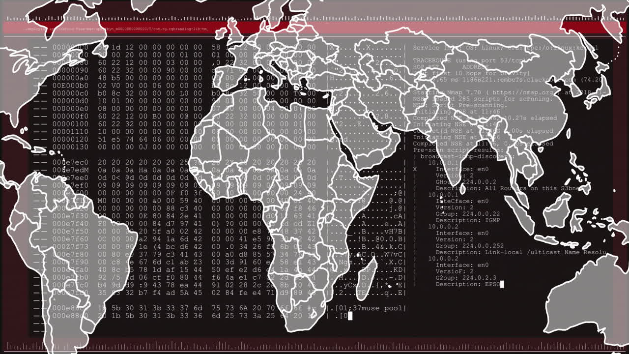 Animation of world map with binary code overlay, Europe highlighted in red