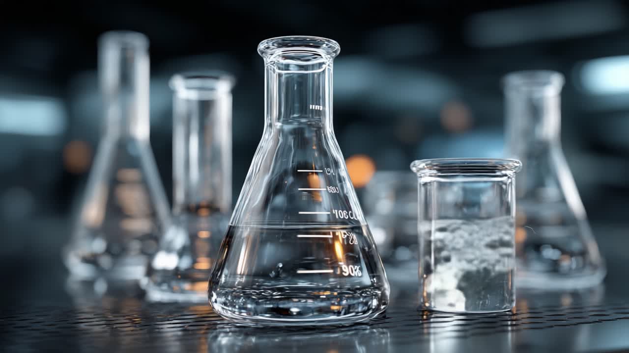 A Close-Up Look at Laboratory Glassware Featuring Various Flasks and Beakers with Clear Liquid, Perfect for Scientific Experiments and Research Activities