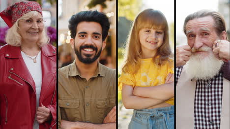 Collage-Aus-Porträts-Lächelnder,-Glücklicher-Menschen,-Eines-älteren-Mannes,-Eines-Indischen-Mannes,-Eines-Kleinen-Mädchens-Und-Einer-älteren-Frau