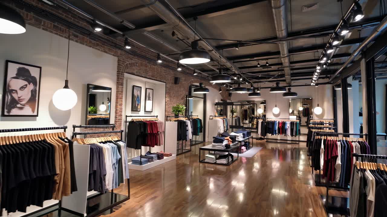 Wide-angle video shot of a modern clothing store interior, showcasing stylish racks and industrial