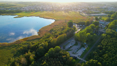 Aerial-View-Of-Tranquil-Bay-of-Puck-In-Poland-at-Bight-Sunset-in-Yearly-Autumn