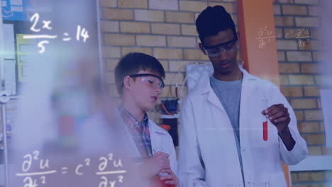 animation of mathematical equations over diverse male students doing experiment in lab