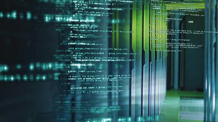 On data pulse, server racks sliding while code overlay scrolling, reflecting showing live activity