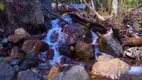 Water-cascading-over-moss-covered-rocks-in-the-forest-on-a-warm-spring-day,-slow-motion