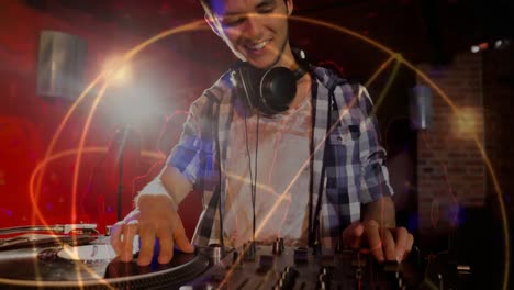 digital animation showing smiling disco jockey mixing music in pub 4k