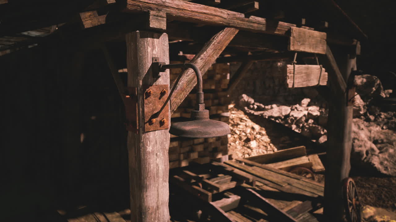 Interno di officina rustica con lampada a sospensione e strutture in legno