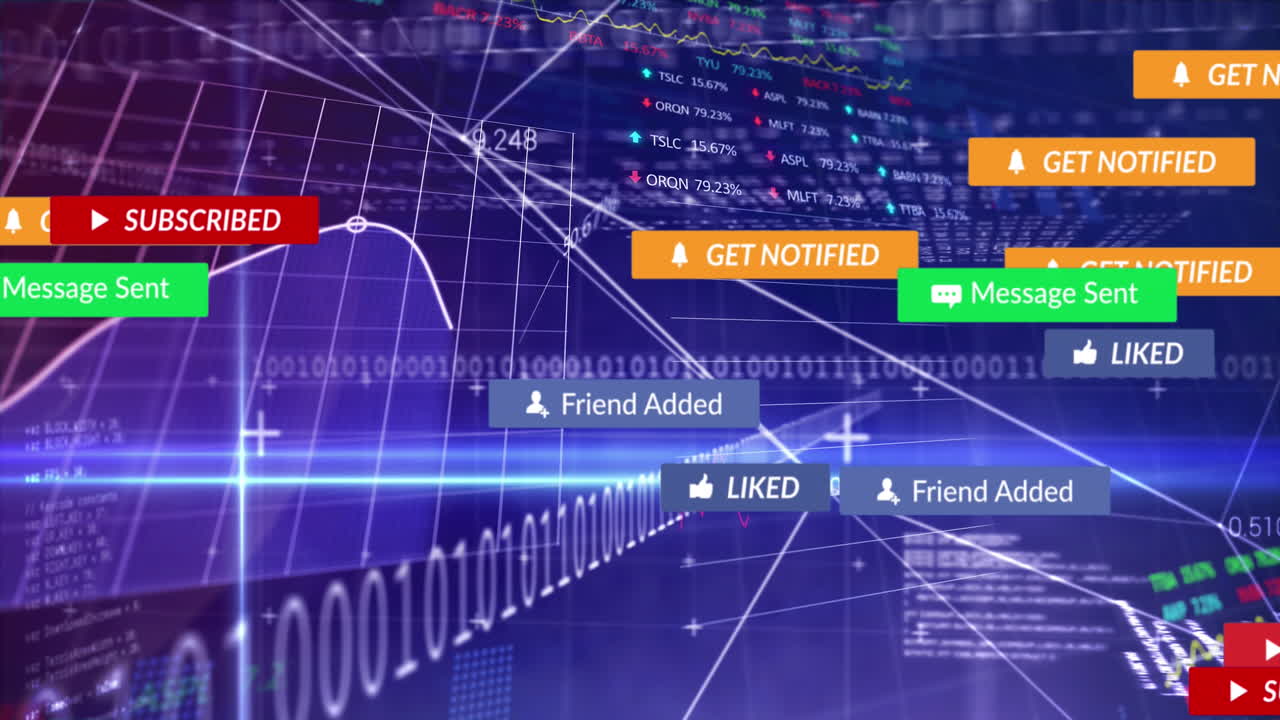 그래프, 바이너리 코드, 거래 보드 및 컴퓨터 언어에 대한 알림 바의 애니메이션