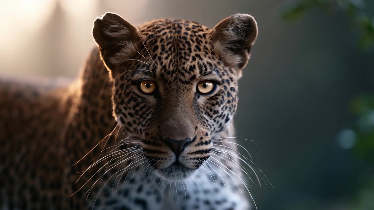 Yumuşak aydınlatmalı güzel bir doğal ortamda, görkemli bir leoparın keskin bakışlarını ve zarif özelliklerini yakalayan çarpıcı bir yakın çekim.