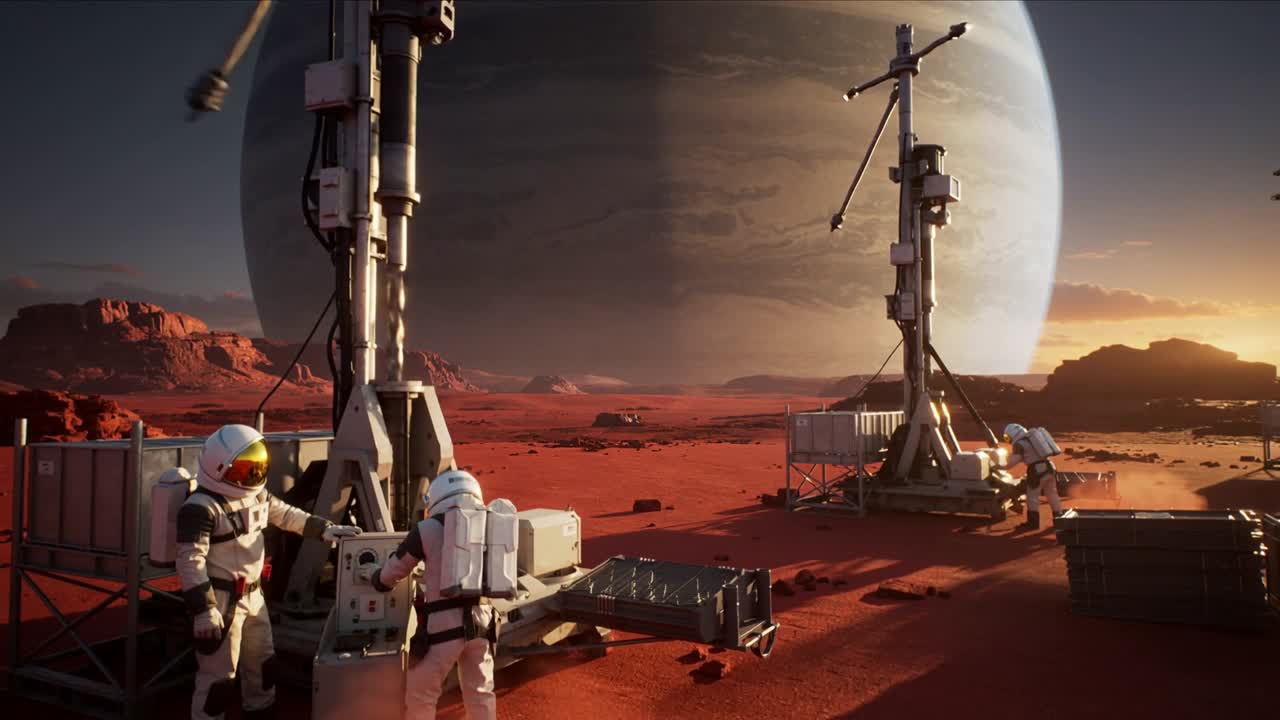 Getting deployment signal, crew in suits operating console, tuning towers on red plain, copy space