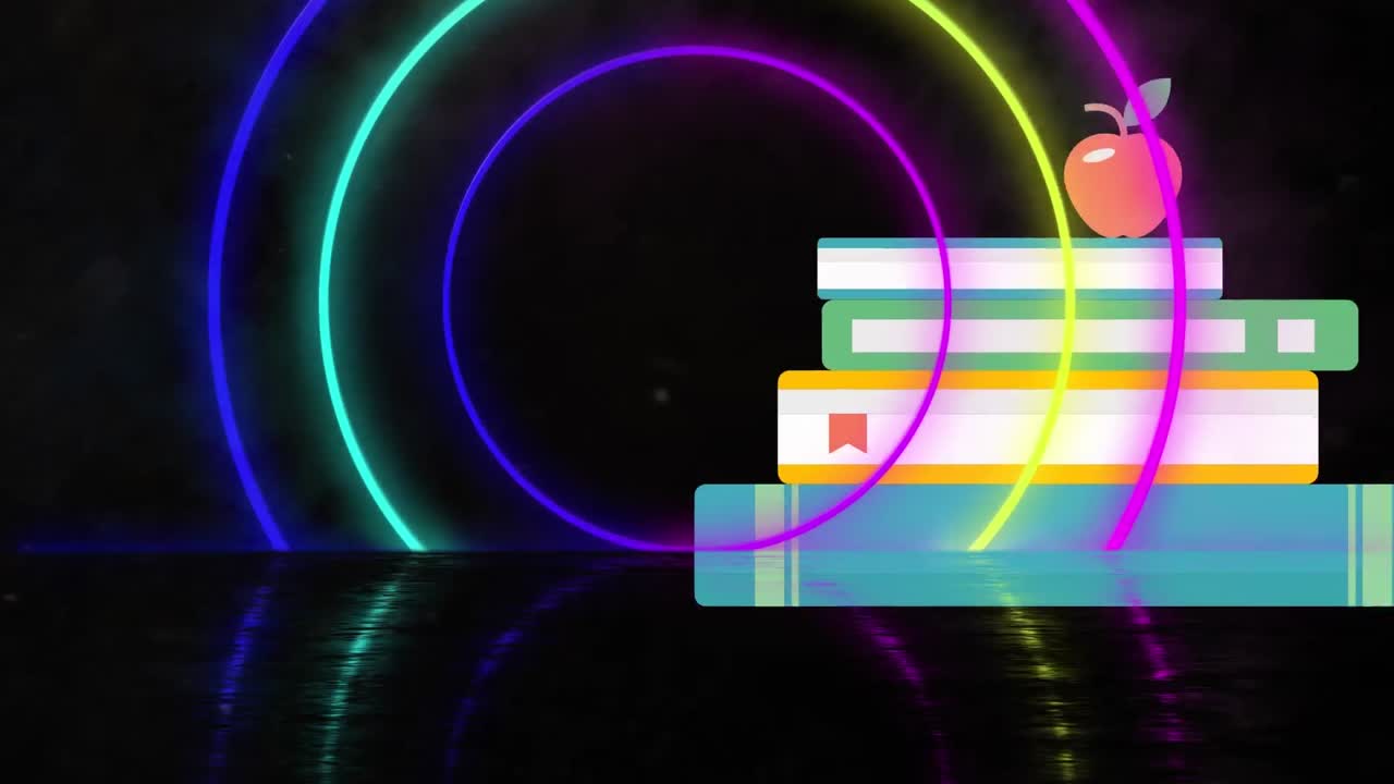 검은색 배경에 다채로운 원 위에 모터보드, 사과 및 학교 용품의 애니메이션