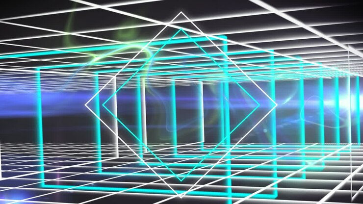 Animation of light trails and glowing figures on blue background