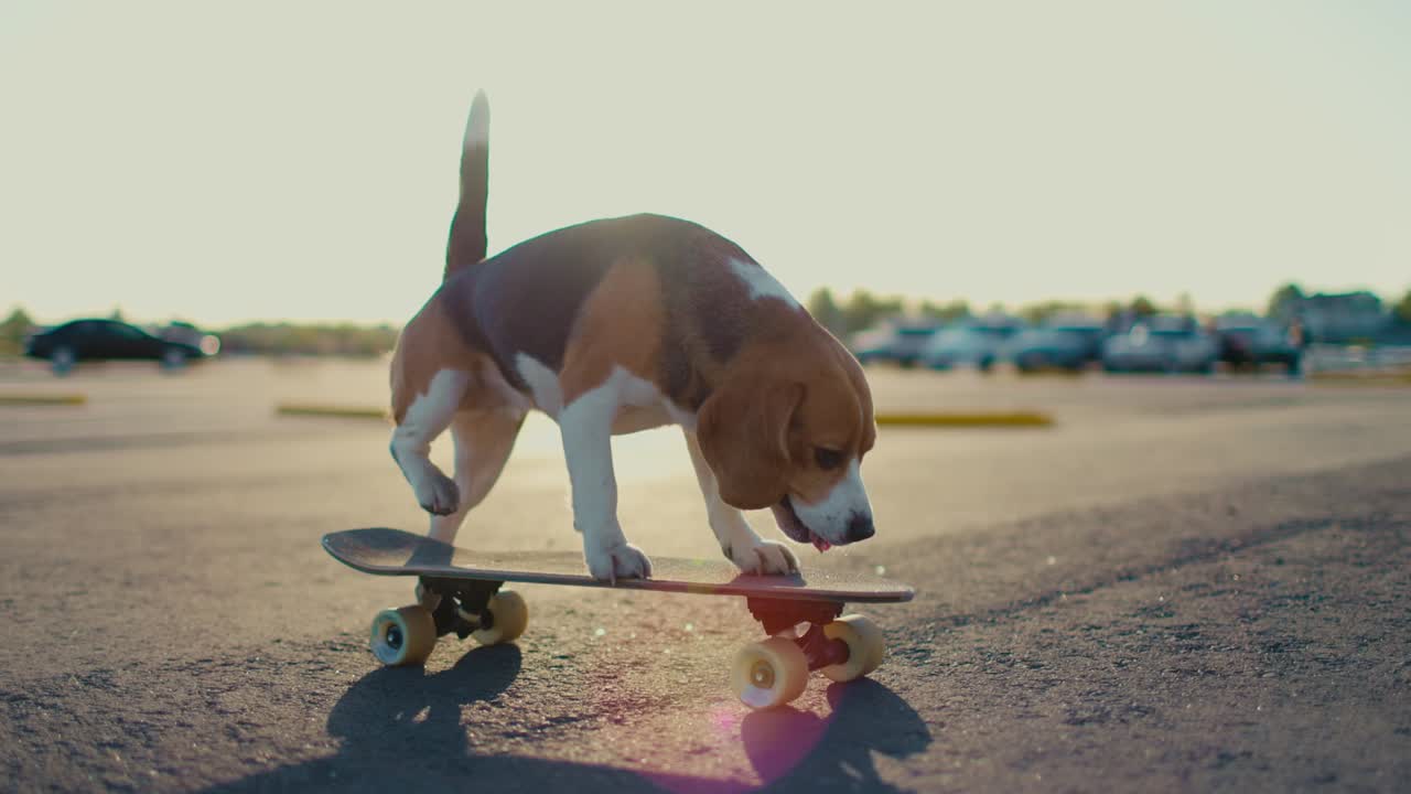 Un cane Beagle va in skateboard all'aperto. L'animale domestico impara ad andare in skateboard nel parco. Movimento lento