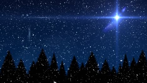 Animation-of-snow-falling-over-fir-trees-and-glowing-star-in-winter-scenery