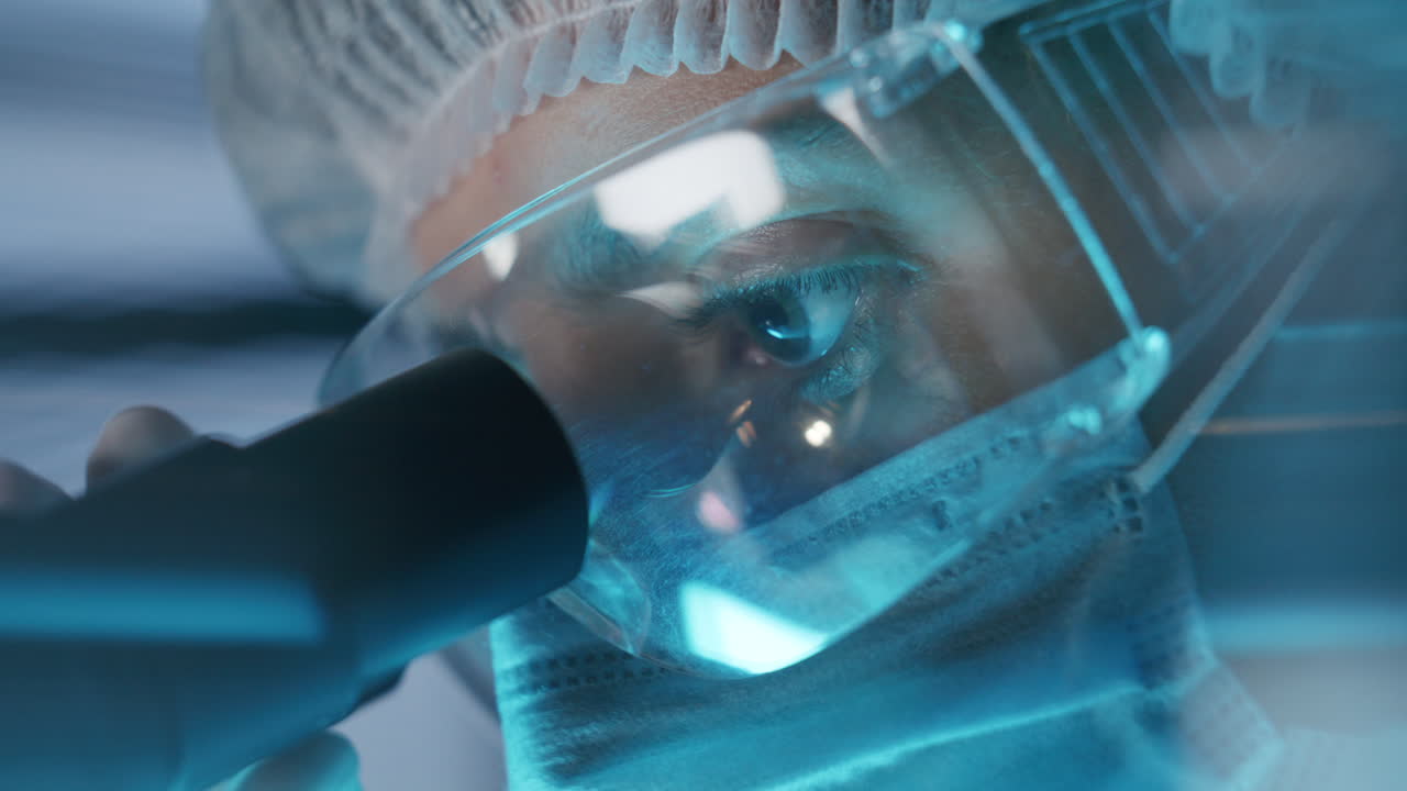 Close Up of Female Scientist Looking through Microscope Eyepiece