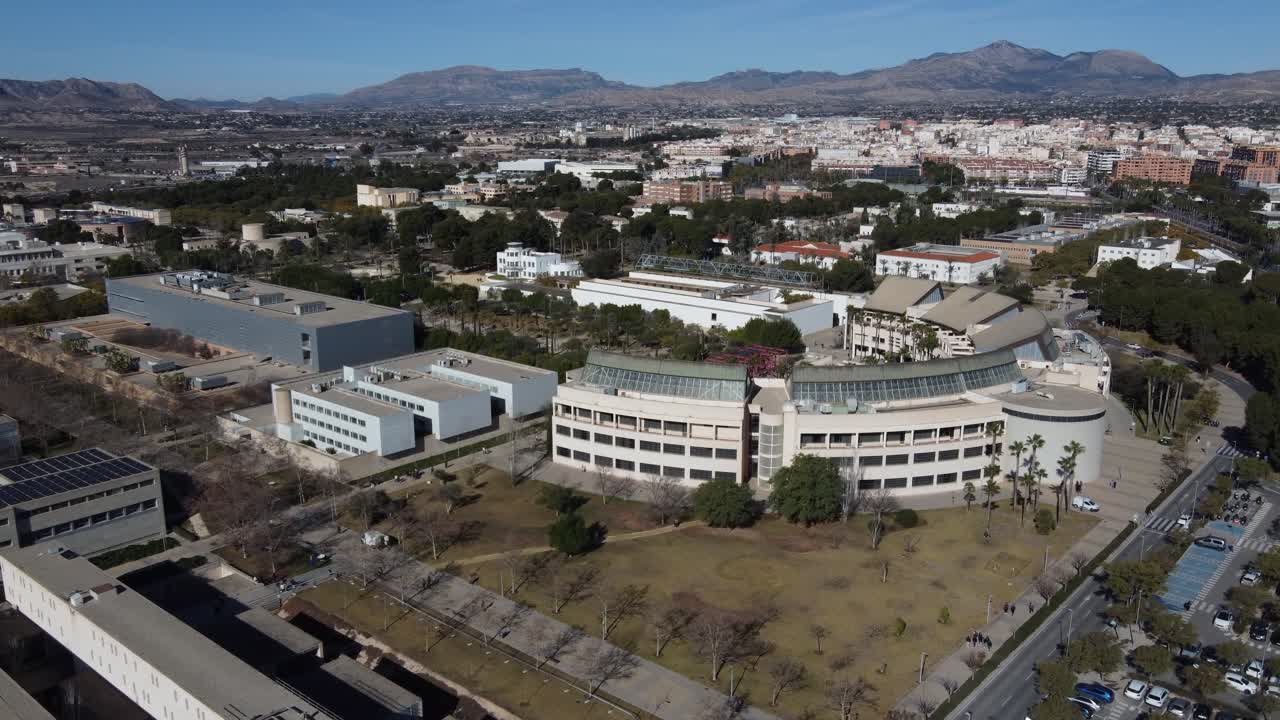 Static aerial view of one of the main classrooms buildings at the Alicante University, Spain