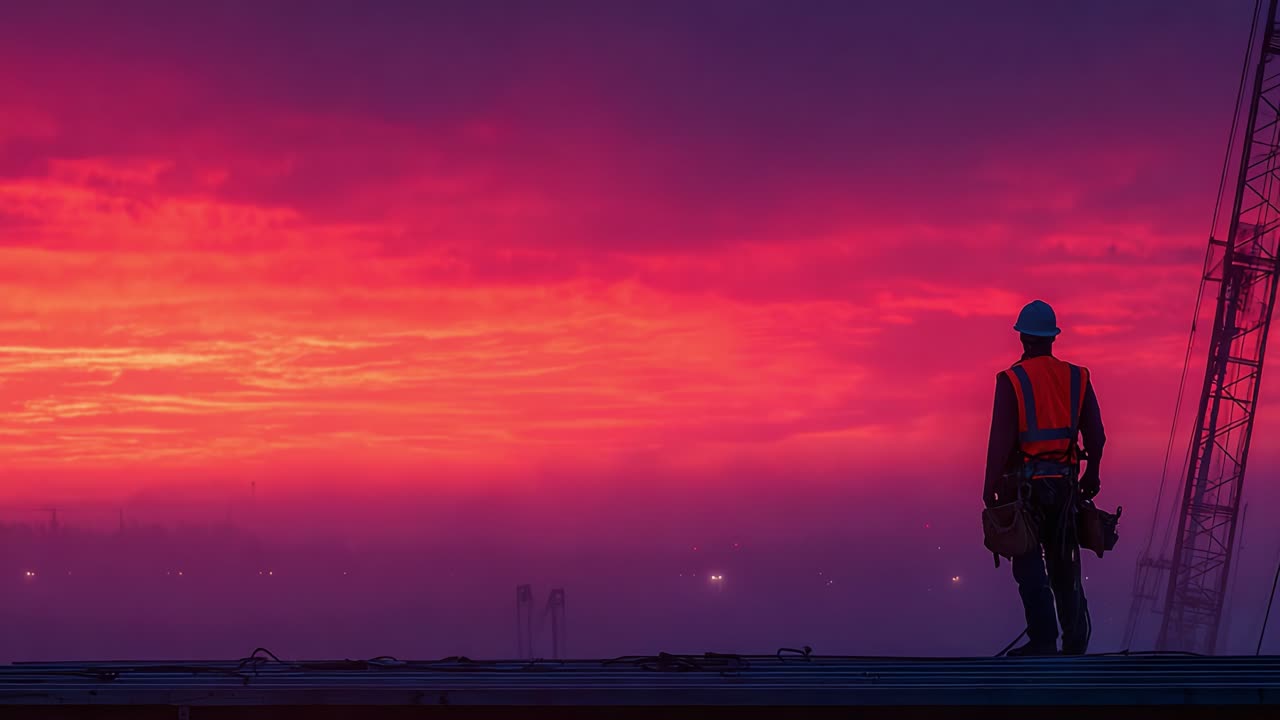 A solitary construction worker stands against a breathtaking sunrise, observing the vibrant colors of the sky as the day begins, reflecting on their hard work and dedication