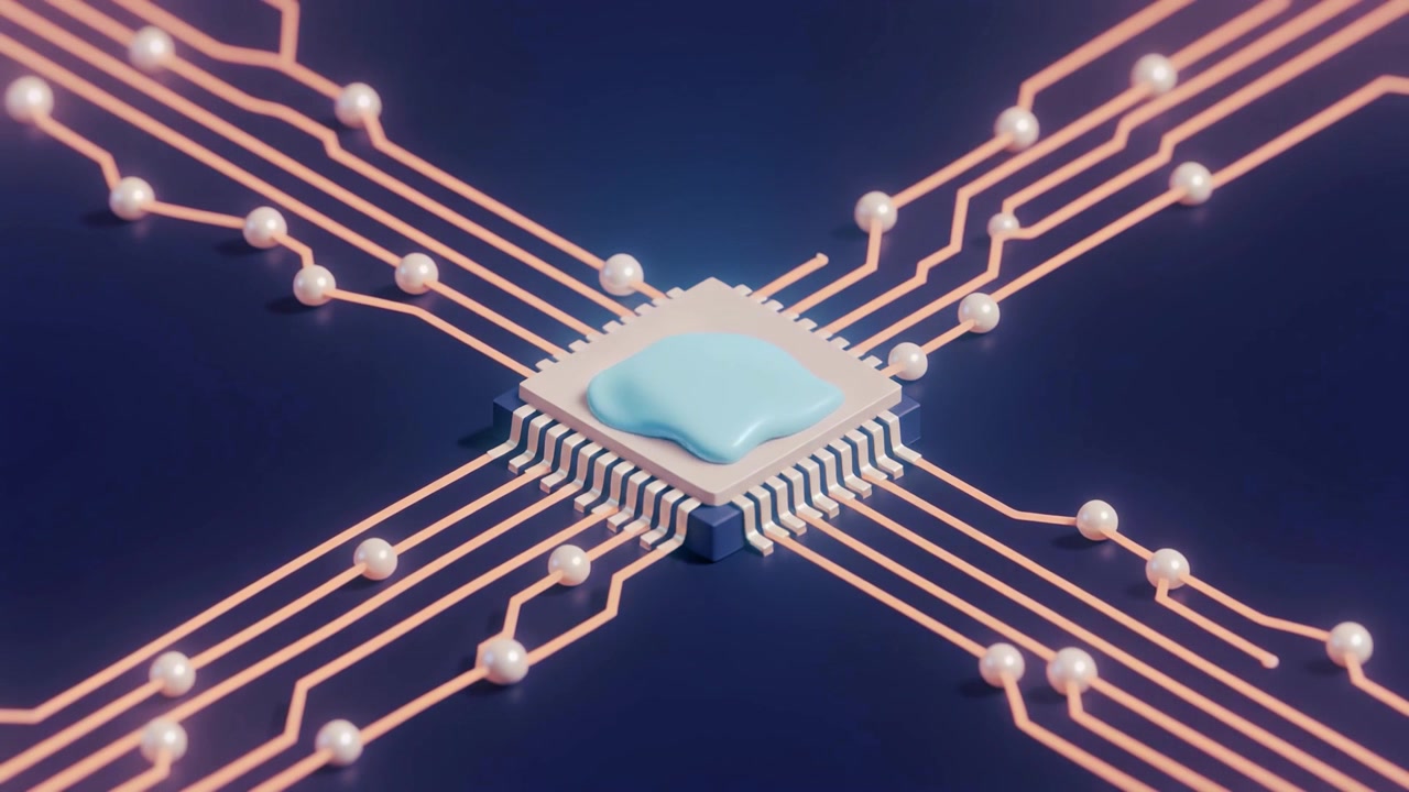 3D-animation af en central processorchip med glødende kredsløb