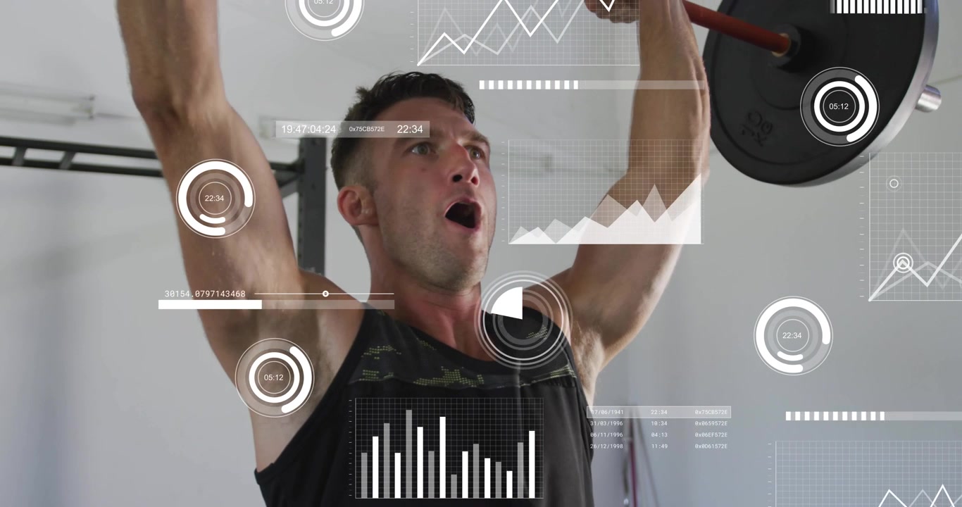 Uomo che tiene un bilanciere in posizione front rack, spingendo in alto, bloccando e abbassando, con HUD che sovrappone metriche per il fitness.