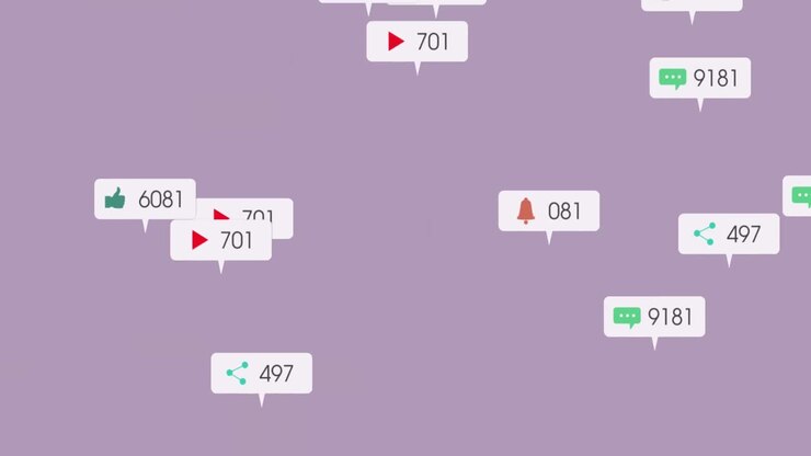 Animazione dell'elaborazione di dati dei social media su sfondo viola