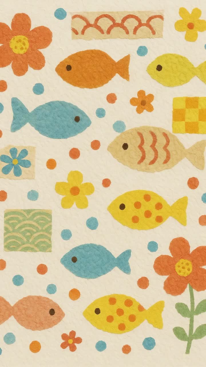 Top-down view of colorful fish and flowers in a playful, textured pattern