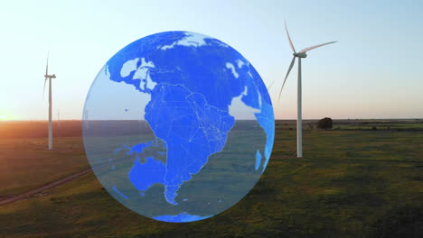 animation of globe with numbers over wind turbines in countryside