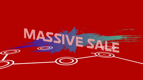 animation of massive sale text and pulsating circular shapes over paint stain against red background