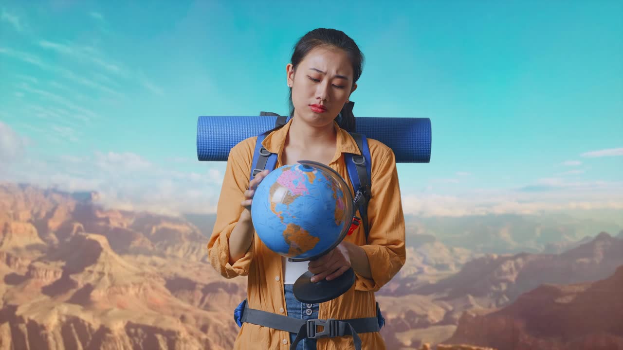 Asian Female Hiker With Mountaineering Backpack Looking At World Globe In Her Hands And Making Confused Gesture While Traveling At The Top Of Mountain