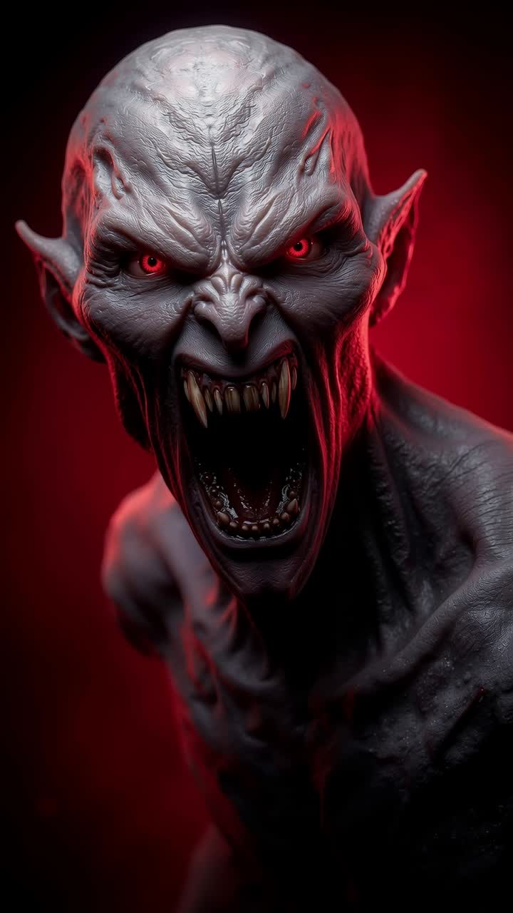 A close up of a demonic creature with red eyes and fangs
