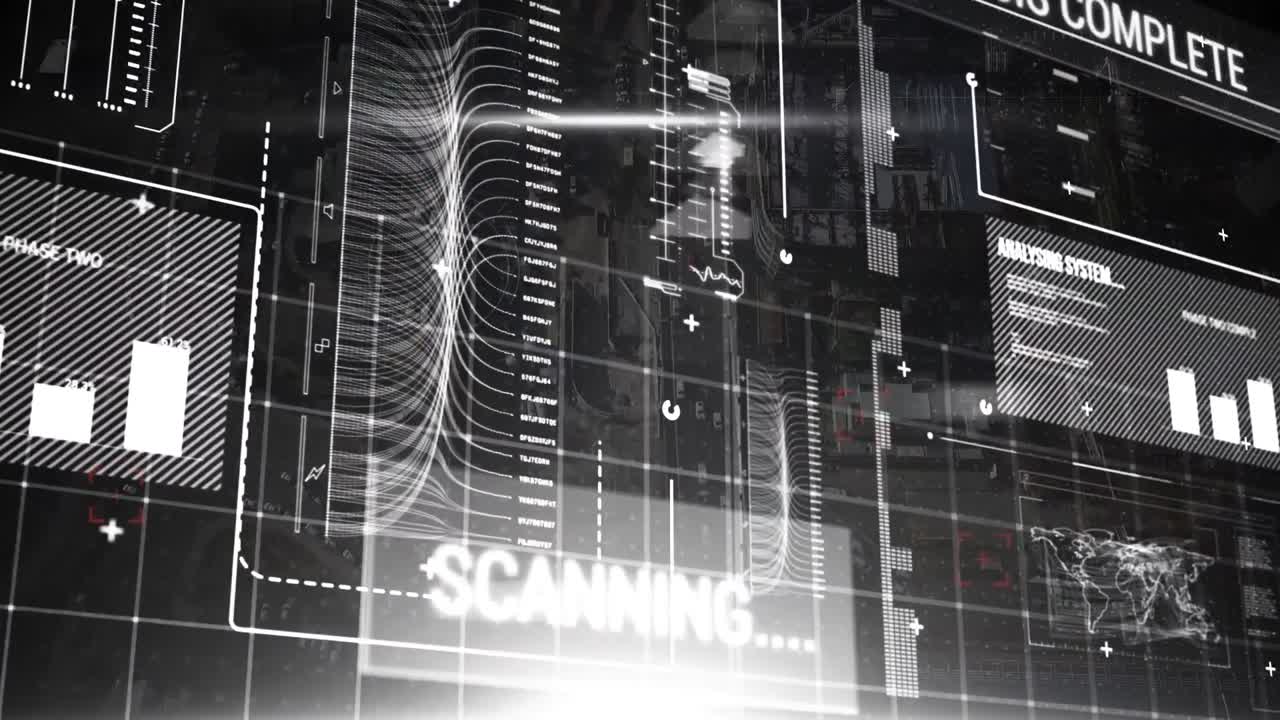 animación de escaneo de datos infográficos en interfaz digital sobre la calle de la ciudad