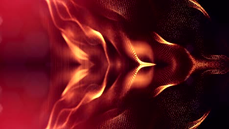 las partículas forman una línea, una cuadrícula de superficie o un misterioso espacio virtual. animación 3d sin costuras como fondo de ciencia ficción digital de partículas brillantes con profundidad de campo, bokeh. cuerdas de oro rojo 6