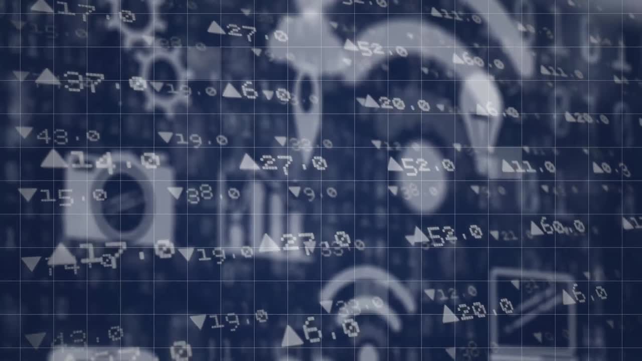 animación de iconos tecnológicos flotantes sobre números móviles con flechas y cuadrícula