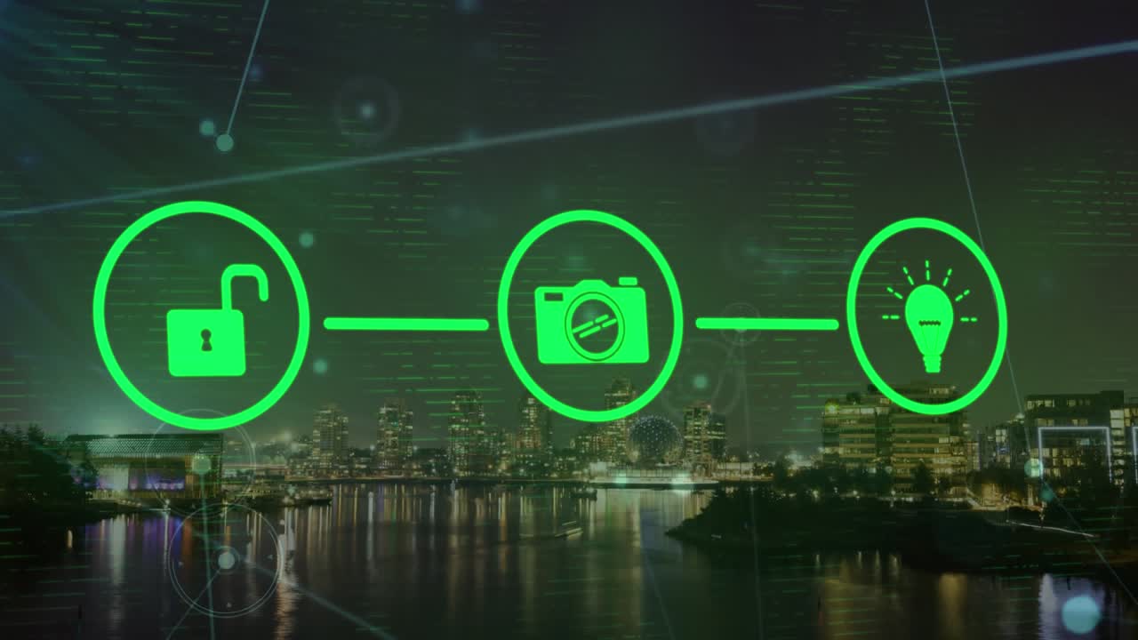 Animation of flow chart of icons, connected dots over illuminated cityscape against sky