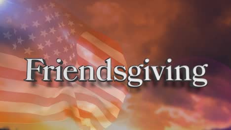 Friendsgiving-Text-über-Schwenkender-Amerikanischer-Flagge-Gegen-Wolken-Am-Himmel