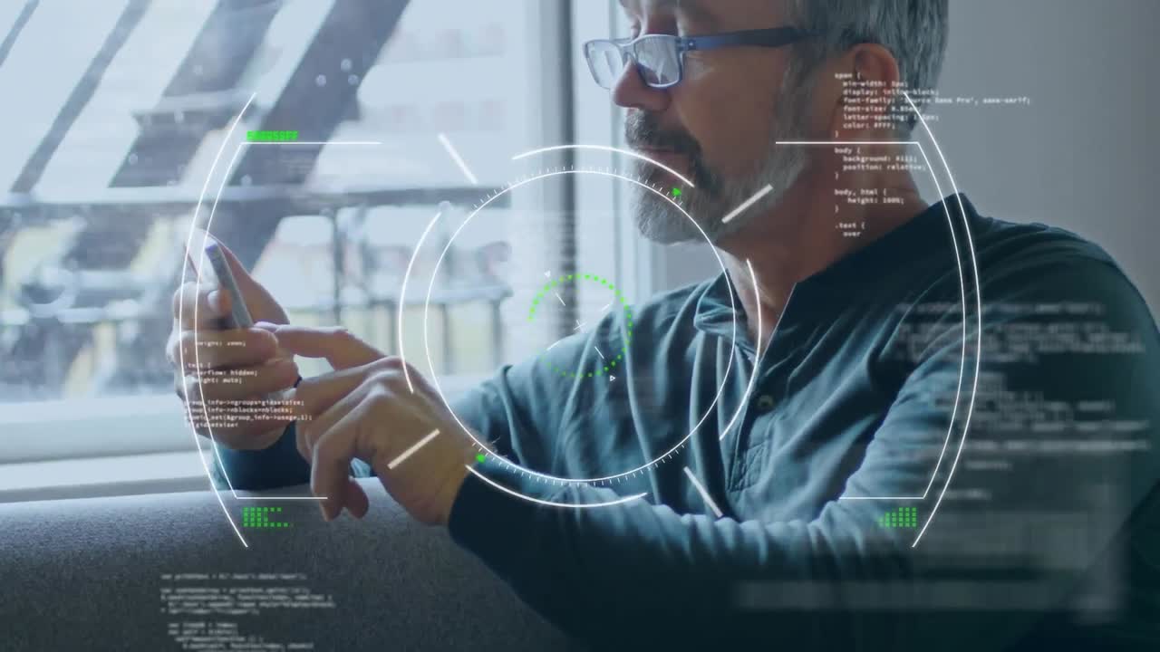 Animation of scope scanning and data processing over man using smartphone