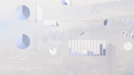 animación del procesamiento de datos financieros sobre el paisaje urbano
