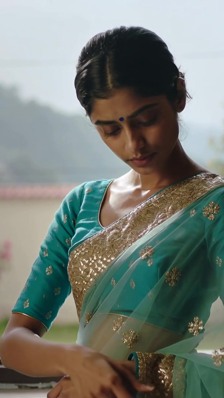 Video verticale: Donna indiana che si prepara, sistemando il pallu di un sari color verde acqua sul bordo del balcone, con un bindi