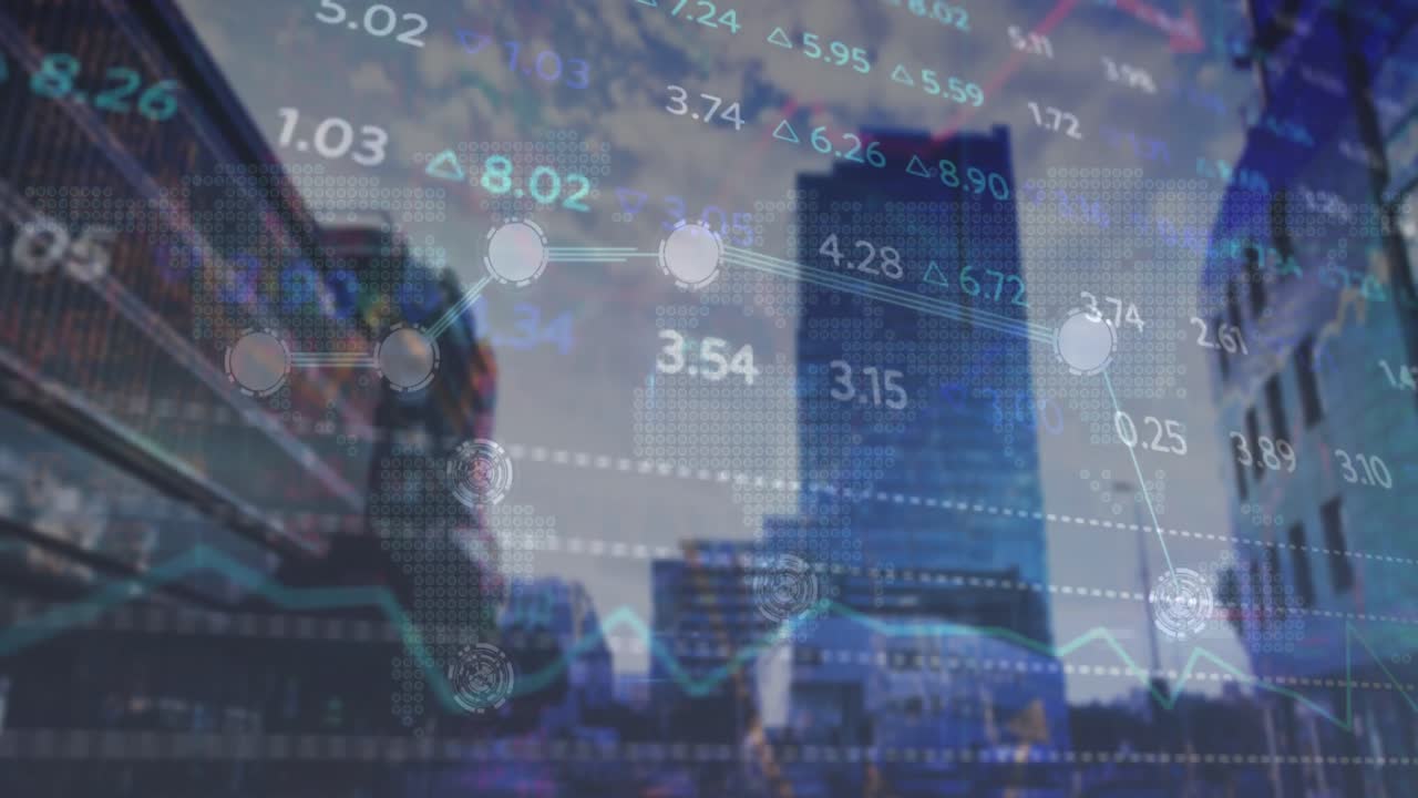 높은 건물에 대한 증권 시장 데이터 처리의 애니메이션