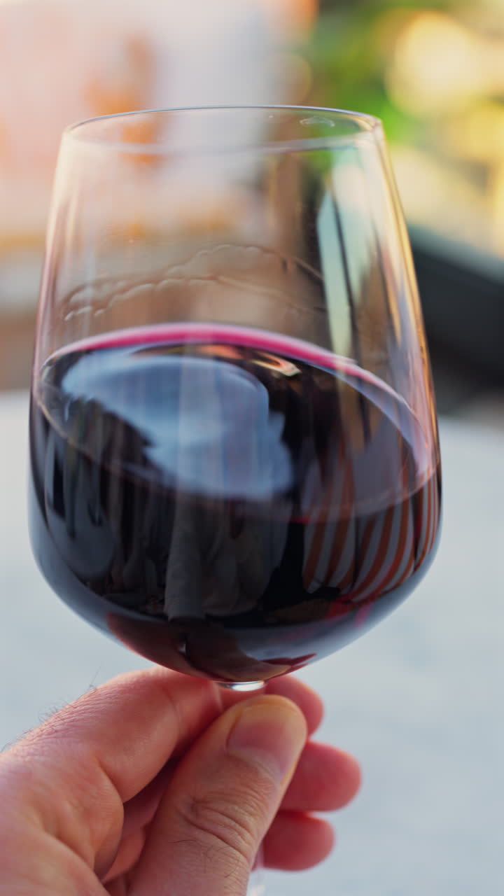 Close up of a woman's hand swirling a glass of red wine on a table at a terrace. Vertical