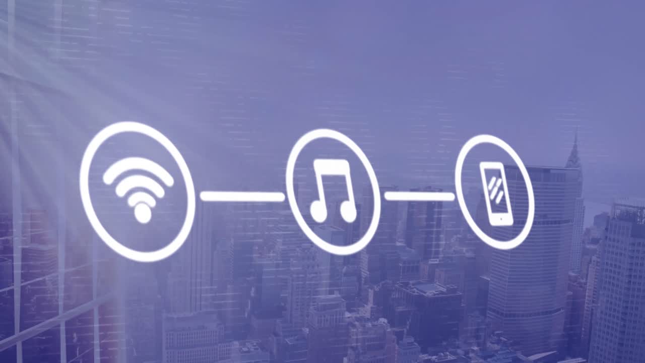 Animazione di icone digitali su sfondo di paesaggio urbano