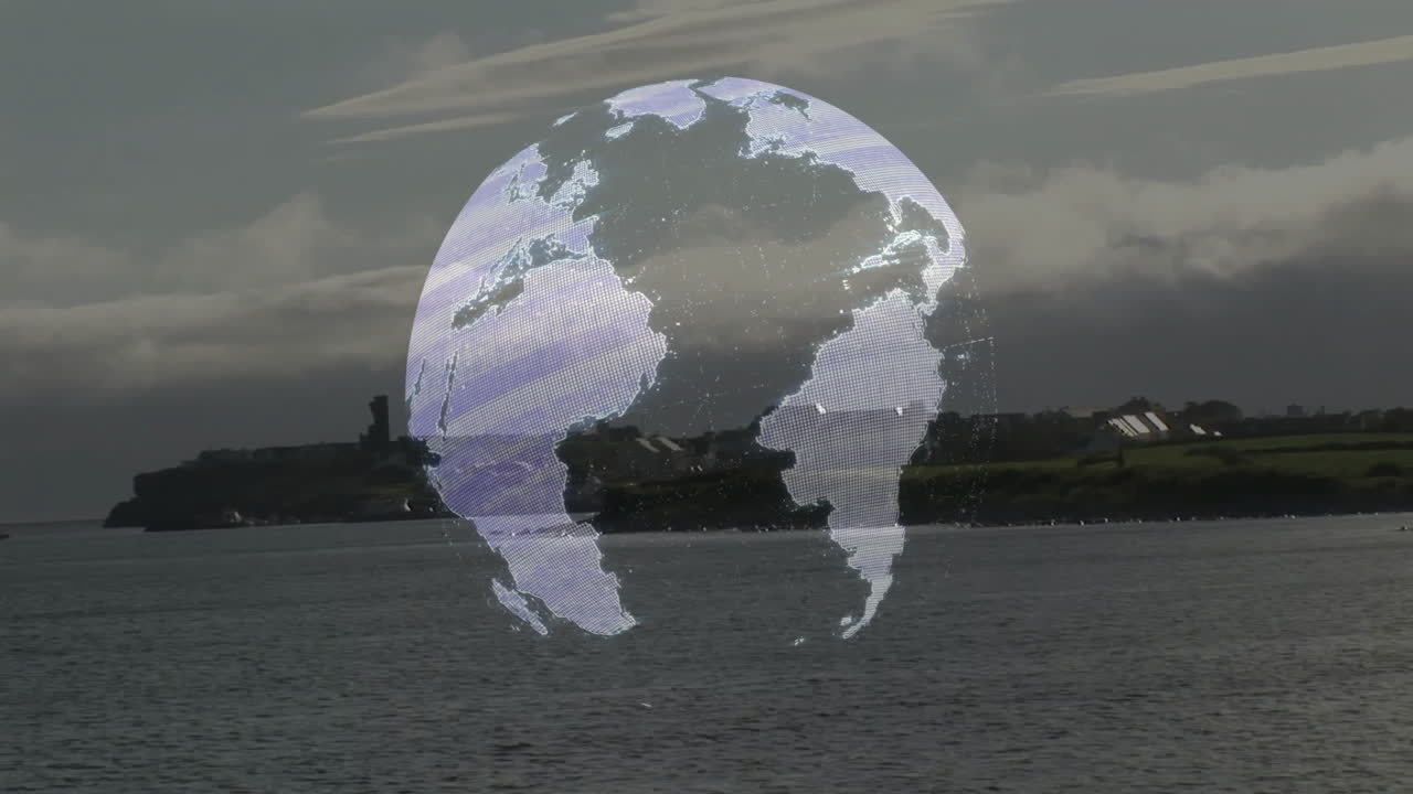 Holographic Earth globe floating over calm water, showing coastline buildings in dot?matrix style