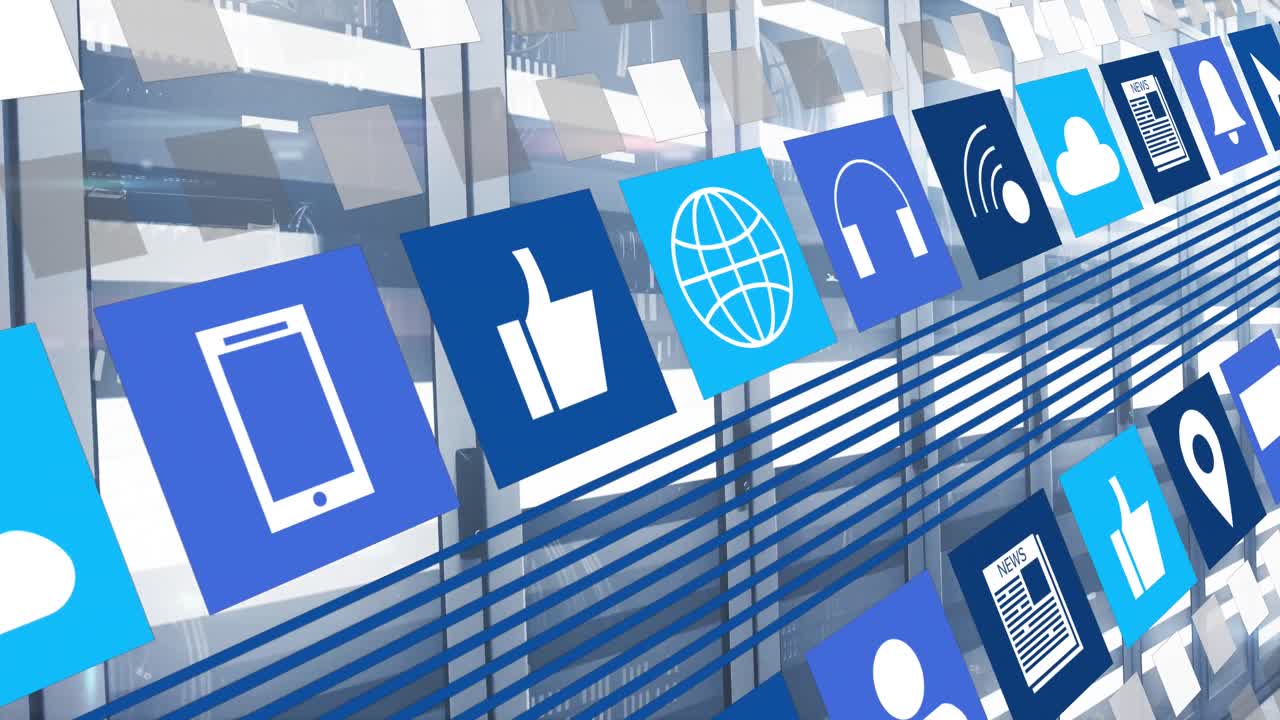 Animation af ikon i firkanter over bevægelige søjler på dataserverracks i serverrum