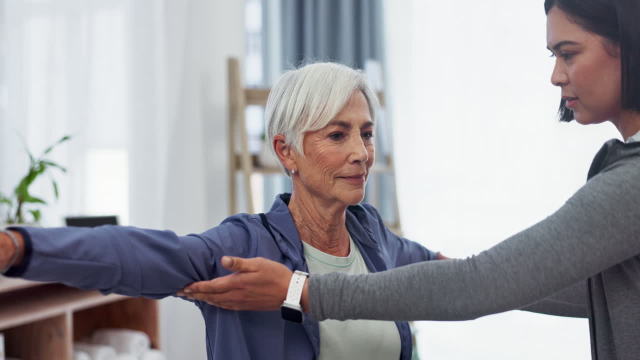 Woman, patient and physiotherapy in elderly care