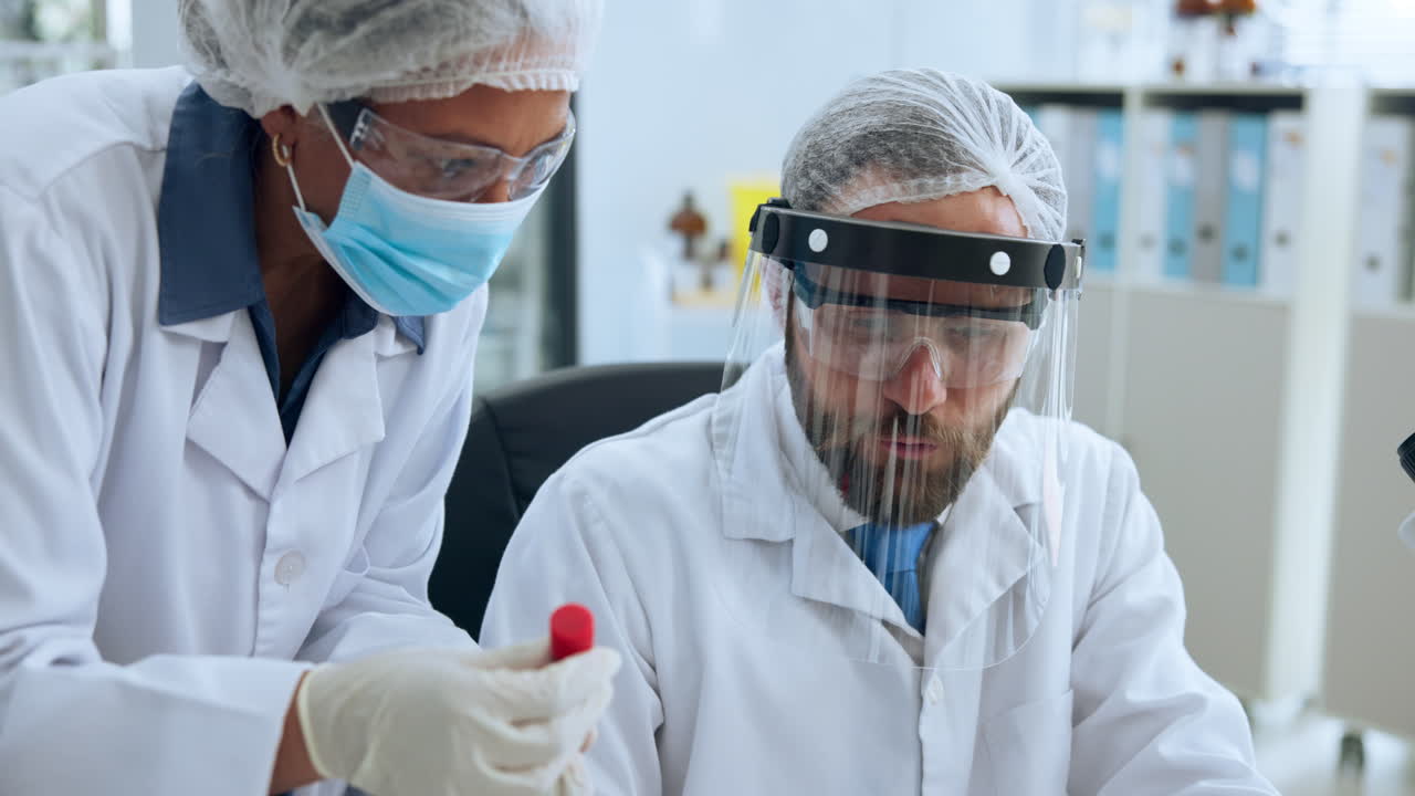 Scienziati in tenuta protettiva discutono di provette in laboratorio