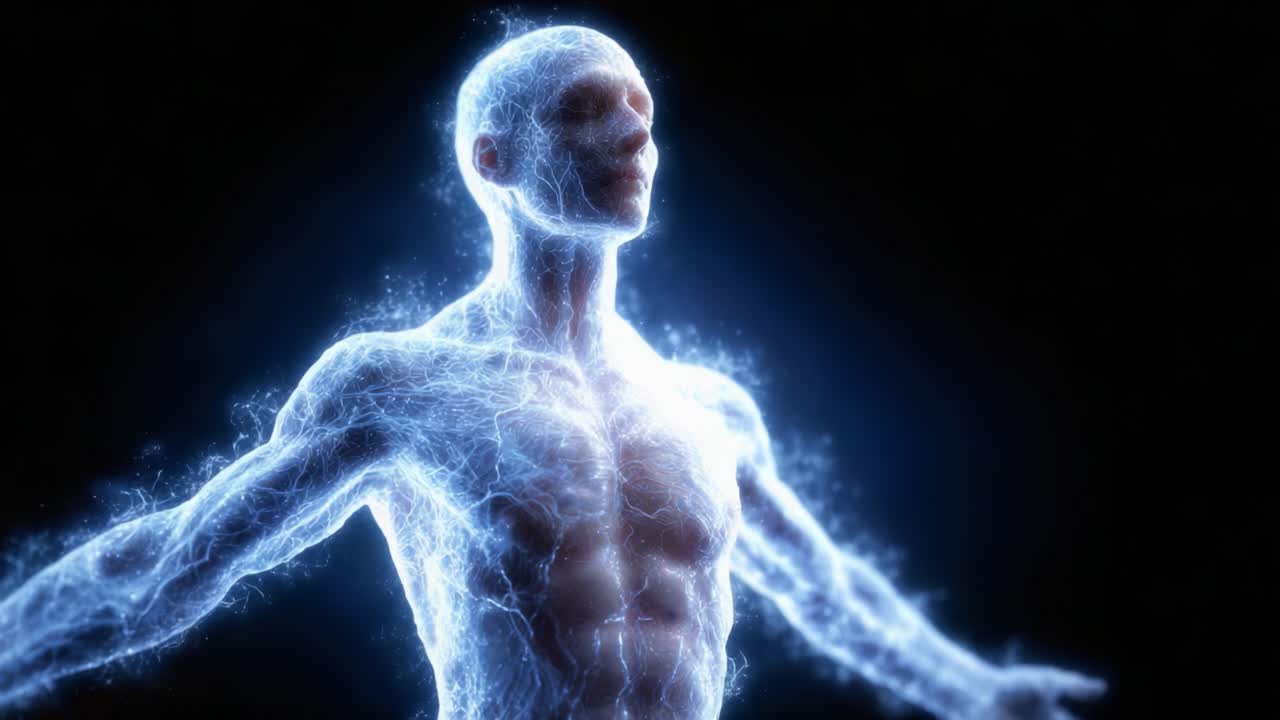 A Captivating Exploration of a Dynamic Energy-Infused Human Figure Surrounded by Electric Blue Radiance, Symbolizing Strength, Vitality, and Spiritual Awakening