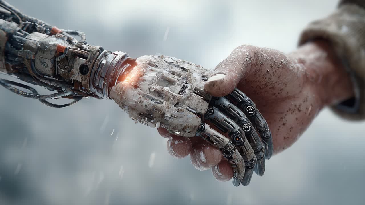 A Profound Encounter: Humanity and Artificial Intelligence Intertwined Through a Handshake, Signifying Unity and Connection in a Futuristic Landscape