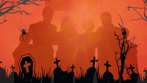 standing in eerie graveyard, silhouetted group with orange animation background