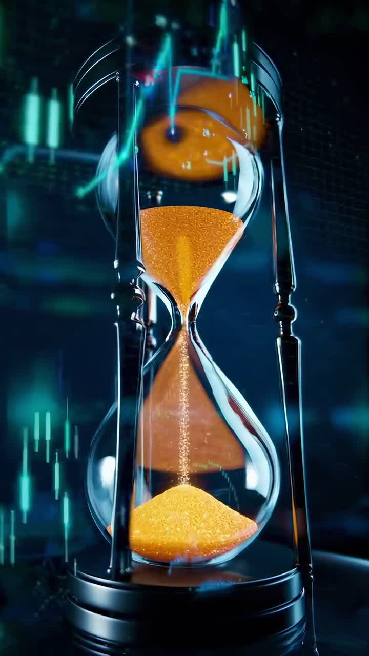 Hourglass with Flowing Golden Sand and Digital Financial Data
